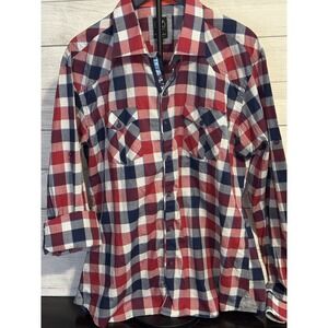 Au Noir Red White Blue Plaid Button Up Shirt Men's Size 7 Roll Tab Sleeves